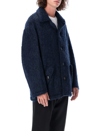 Shop Marni Brushed Wool Coat In Navy