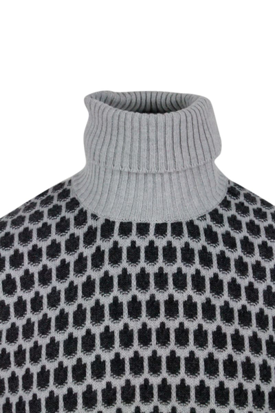 Shop Kiton Long-sleeved Turtleneck Sweater In 100% Pure Cashmere Bicolor In Grey