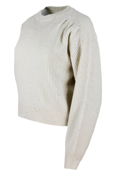 Shop Brunello Cucinelli Long-sleeved Crewneck Sweater In Cashmere And Woo In Cream