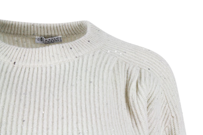 Shop Brunello Cucinelli Long-sleeved Crewneck Sweater In Cashmere And Woo In Cream