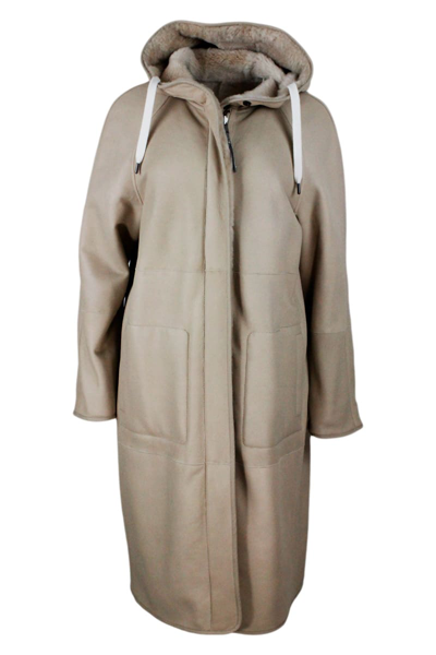 Shop Brunello Cucinelli Reversible Coat In Soft Shearling With Hood In Beige