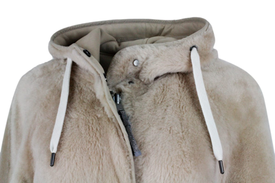 Shop Brunello Cucinelli Reversible Coat In Soft Shearling With Hood In Beige