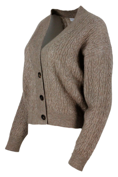 Shop Brunello Cucinelli Cable Knit Wool Blend Cardigan Sweater In Brown
