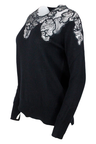 Shop Ermanno Scervino Crewneck Sweater With Lace In Black