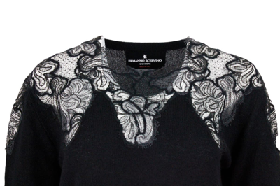 Shop Ermanno Scervino Crewneck Sweater With Lace In Black