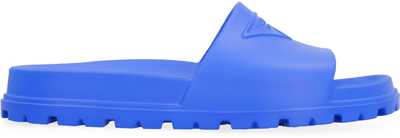 Shop Prada Logo Detail Rubber Slides In Blue