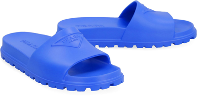 Shop Prada Logo Detail Rubber Slides In Blue