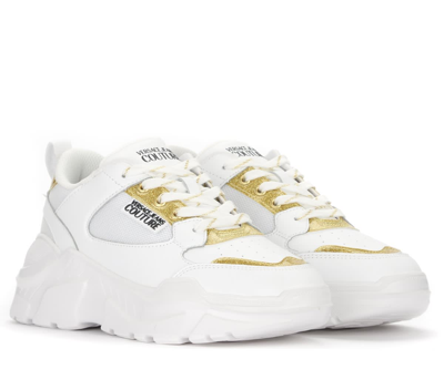Shop Versace Jeans Couture White Sneaker With Golden Details In White Gold