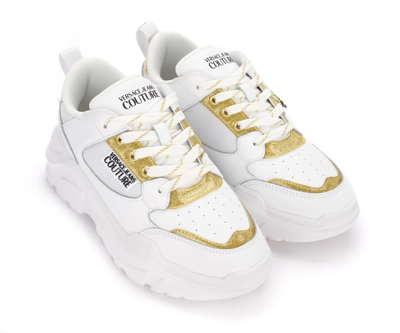 Shop Versace Jeans Couture White Sneaker With Golden Details In White Gold