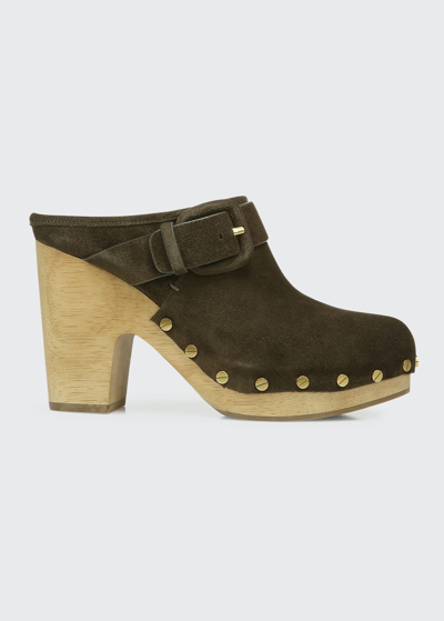 Shop Veronica Beard Dacey Buckle Suede Clogs In Military