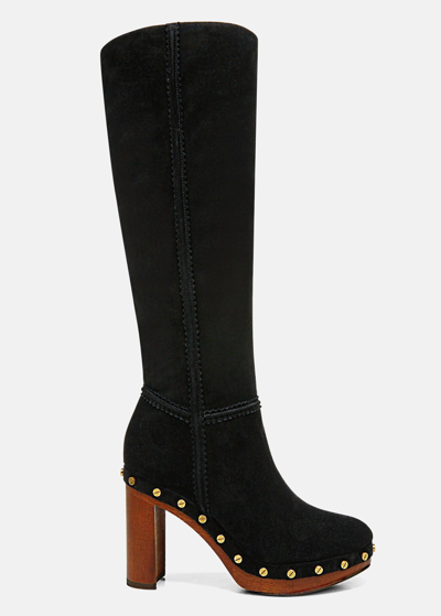 Shop Veronica Beard Glendale Suede Clog Knee Boots In Black