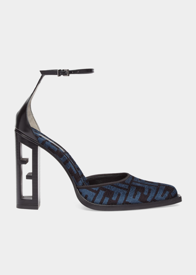 Shop Fendi Ff Jacquard Ankle-strap Pumps In F0kad Nero Blu