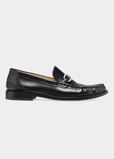 Shop Fendi Men's Mocassino Ff-logo Bit Strap Leather Loafers In Black