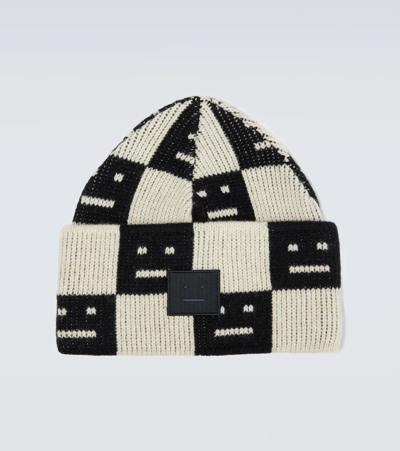 Shop Acne Studios Face Jacquard Wool Beanie In Black/oatmeal Melange