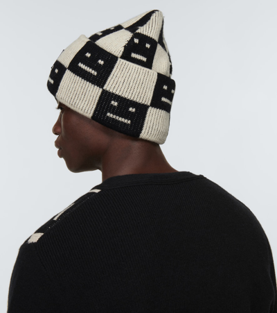 Shop Acne Studios Face Jacquard Wool Beanie In Black/oatmeal Melange