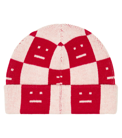 Shop Acne Studios Face Wool Beanie In Deep Red/faded Pink Melange