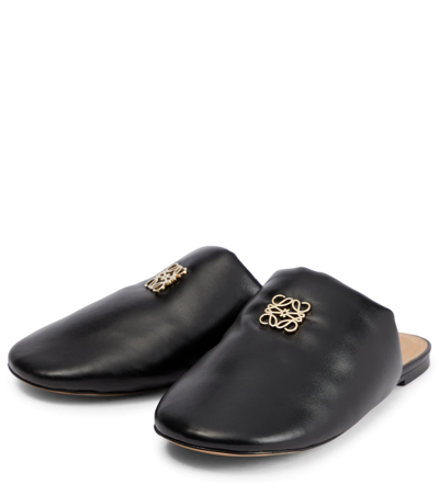 Shop Loewe Anagram Leather Slippers In Black