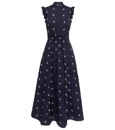 Shop Erdem Evie Floral Embroidered Midi Dress In Navy/white