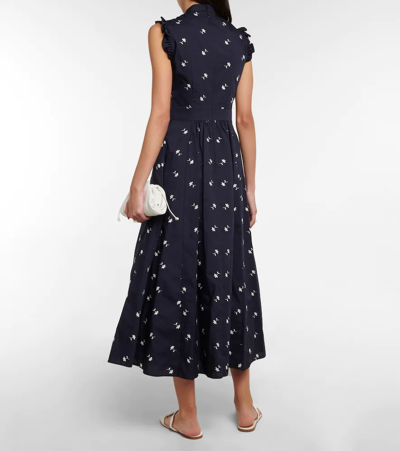 Shop Erdem Evie Floral Embroidered Midi Dress In Navy/white