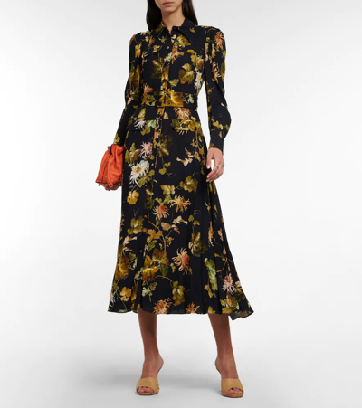 Shop Erdem Uriel Floral Crêpe Shirt Dress In Navy