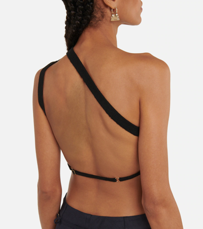 Jacquemus La Maille Ascu Asymmetric Knitted Crop Top In Black