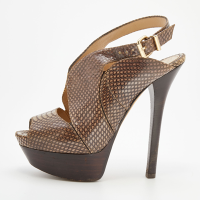 Pre-owned Fendi Brown Python Embossed Leather Platform Slingback Sandals Size 38
