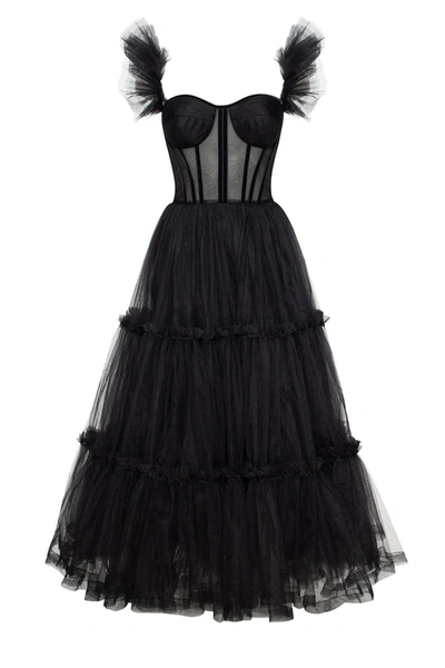 Shop Millà Black Ruffled Tulle Midi Dress