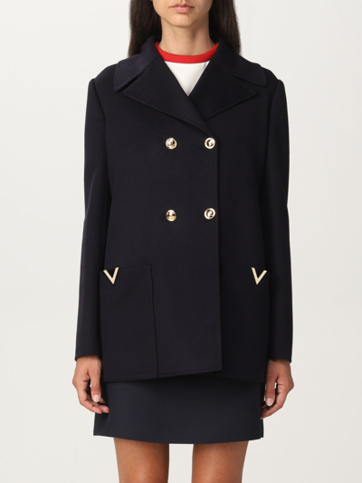 Shop Valentino Double-breasted Wool Blazer In Navy