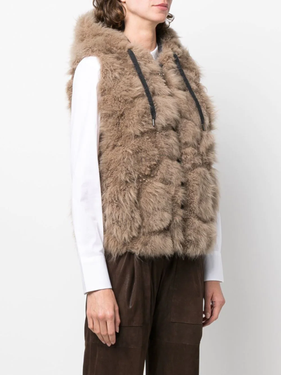 Brunello Cucinelli Faux Fur Hooded Vest W/ Monili Trim In Neutrals