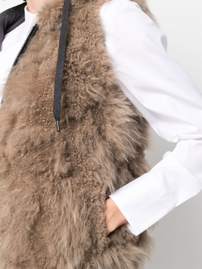 Brunello Cucinelli Faux Fur Hooded Vest W/ Monili Trim In Neutrals