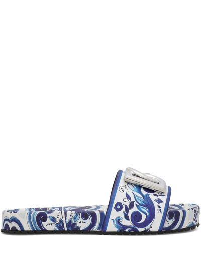 Dolce & Gabbana Calfskin Beachwear Sliders In Majolica-design Rubberized Calfskin In Blue