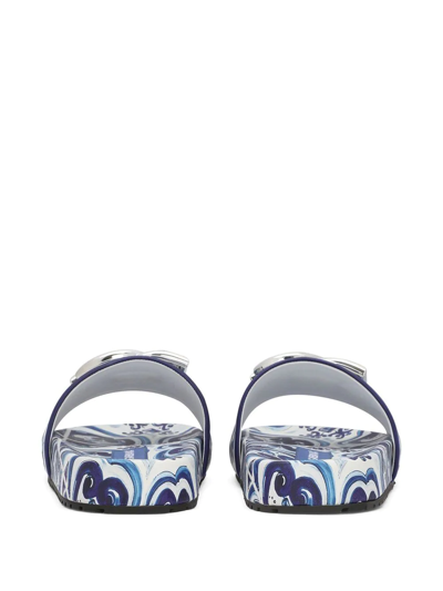 Dolce & Gabbana Calfskin Beachwear Sliders In Majolica-design Rubberized Calfskin In Blue