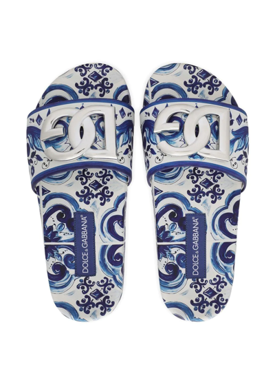 Dolce & Gabbana Calfskin Beachwear Sliders In Majolica-design Rubberized Calfskin In Blue