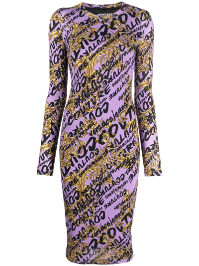 Versace Jeans Couture Barocco Logo-print Midi Dress In Purple