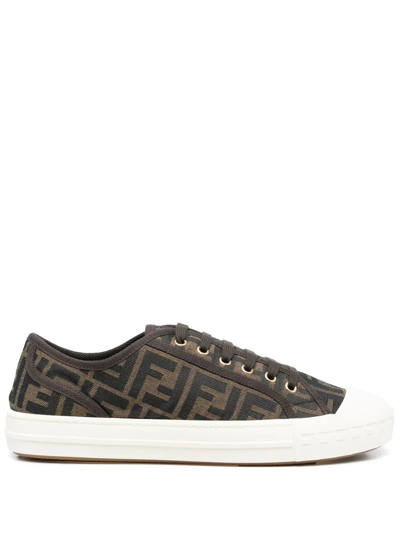 Shop Fendi Jacquard-logo Low-top Sneakers In Braun