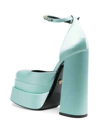 Shop Versace Satin-finish Block-heel Sandals In Blau