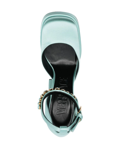 Shop Versace Satin-finish Block-heel Sandals In Blau