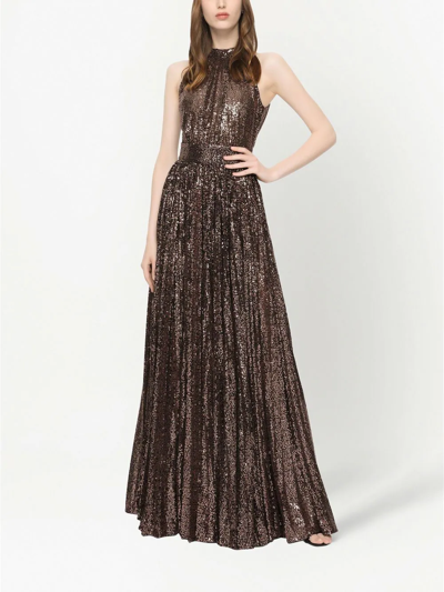 Shop Dolce & Gabbana Sequin-embellished Halterneck Gown In Braun