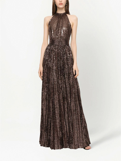 Shop Dolce & Gabbana Sequin-embellished Halterneck Gown In Braun