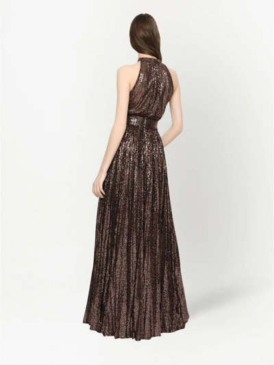 Shop Dolce & Gabbana Sequin-embellished Halterneck Gown In Braun