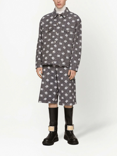Dolce & Gabbana Printed Denim Stretch Bermuda Shorts In Schwarz