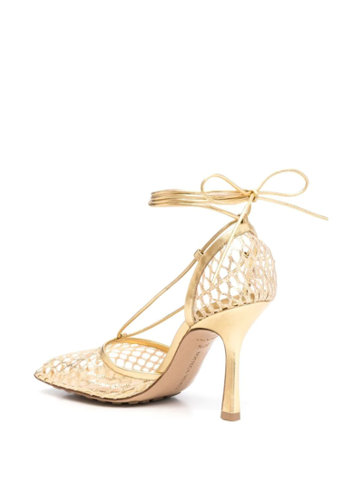 Bottega Veneta 90mm Macrame Metallic Ankle-wrap Pumps In Gold