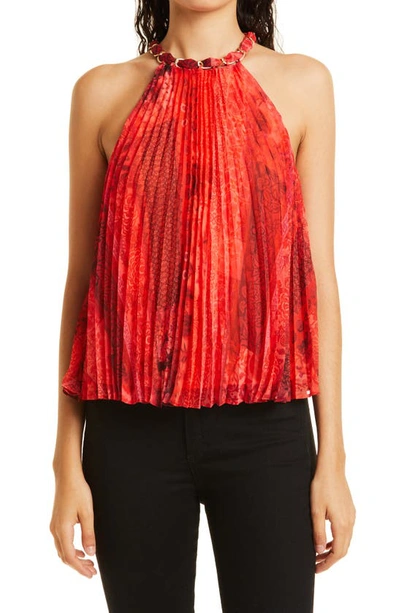 Shop Alice And Olivia Alycia Sunburst Print Pleated Chain Neck Halter Top In Vintage Summer Bright Coral