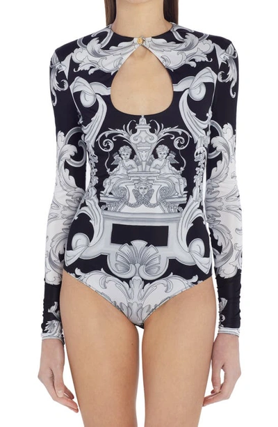 Shop Versace Baroque Print Long Sleeve Jersey Bodysuit In Black White