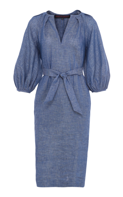 Shop Martin Grant Women's Pleated Linen Midi Dress In Blue