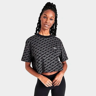 Shop Nike Women's Sportswear Icon Clash Swoosh Allover Print Cropped T-shirt In Black/white