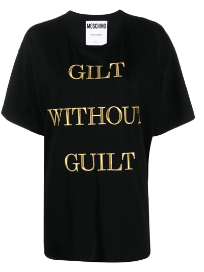 Shop Moschino Gilt Without Guilt Embroidered T-shirt In Black