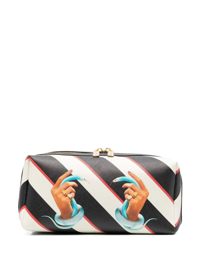 Shop Seletti Graphic-print Striped Wash Bag In Black