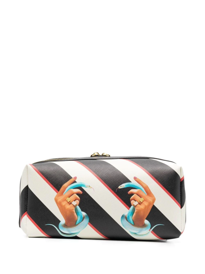 Seletti Graphic-print Striped Wash Bag In Black