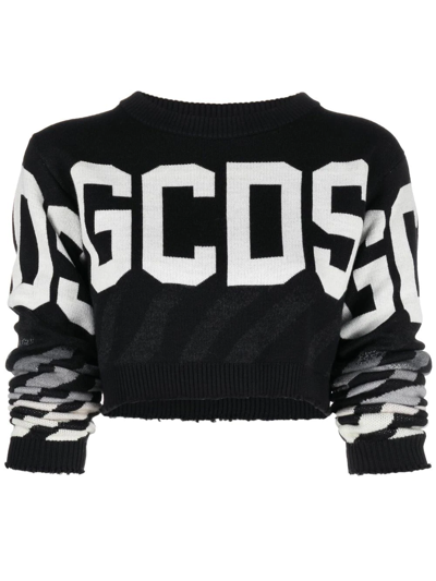 Gcds Woman Black And White Crop Pullover With Logo | ModeSens